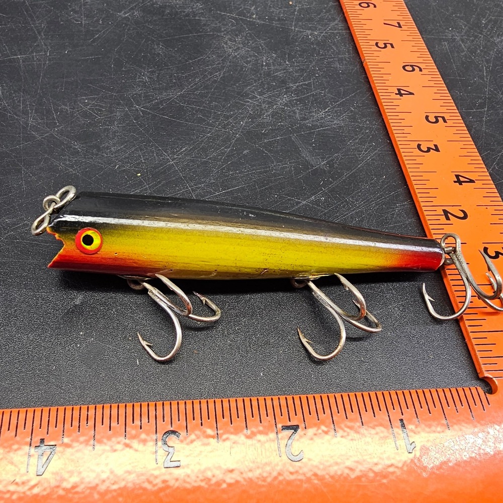 Vintage Wooden Topwater Popper Fishing Lure Black Yellow Red 4.5"